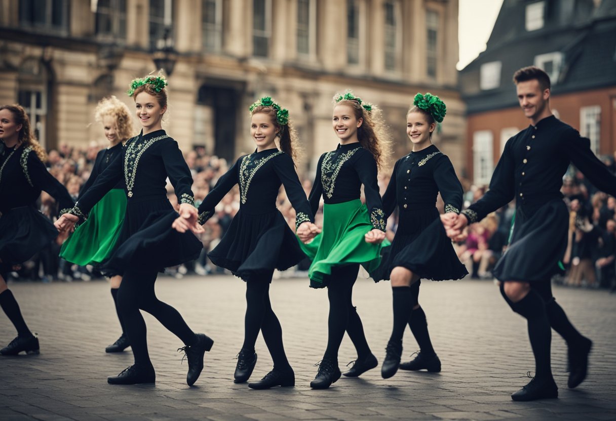 Irish dancers performing in green and black costumes