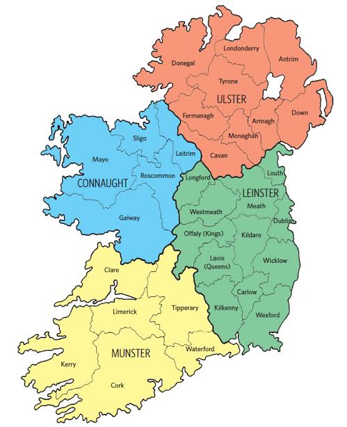 Map of Ireland showing counties and the four provinces