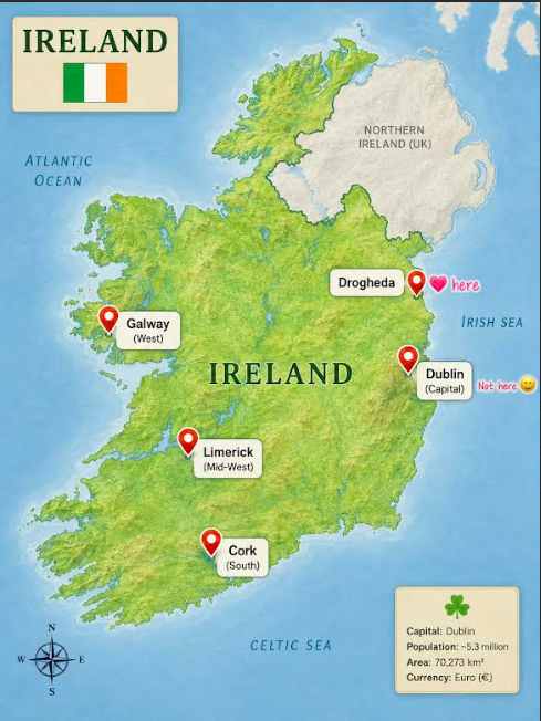 Map of Ireland showing Drogheda on the east coast